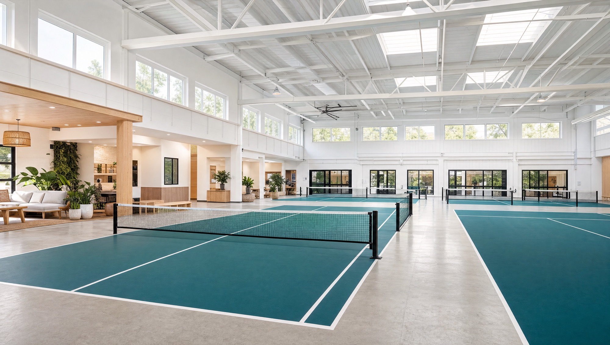 Six teal courts under skylights in the main hall.